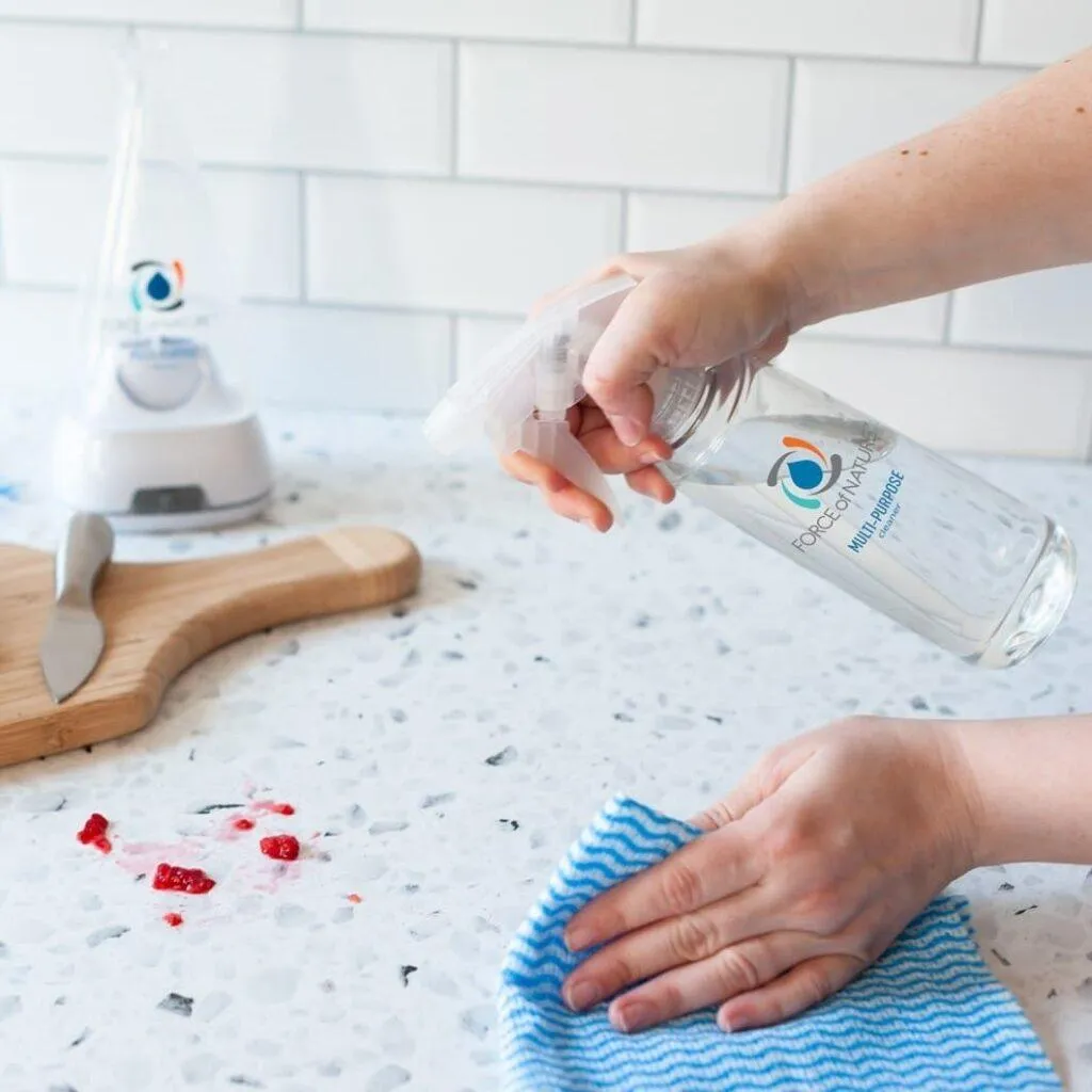 Cleaning, Laundry, Sanitizing Products (In picture: Force of Nature Cleaning Cloth and All-Purpose Cleaner)