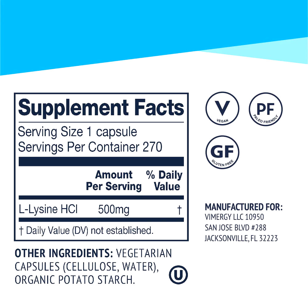 Vimergy L-Lysine 270 capsules Label Vimergy L-Lysine 270 capsules Supplements Label