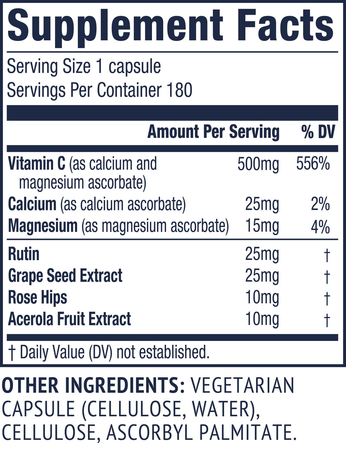 Vimergy Micro-C with Rosehips & Grape Seed Extract Label Vimergy Micro-C with Rosehips & Grape Seed Extract Supplements Table