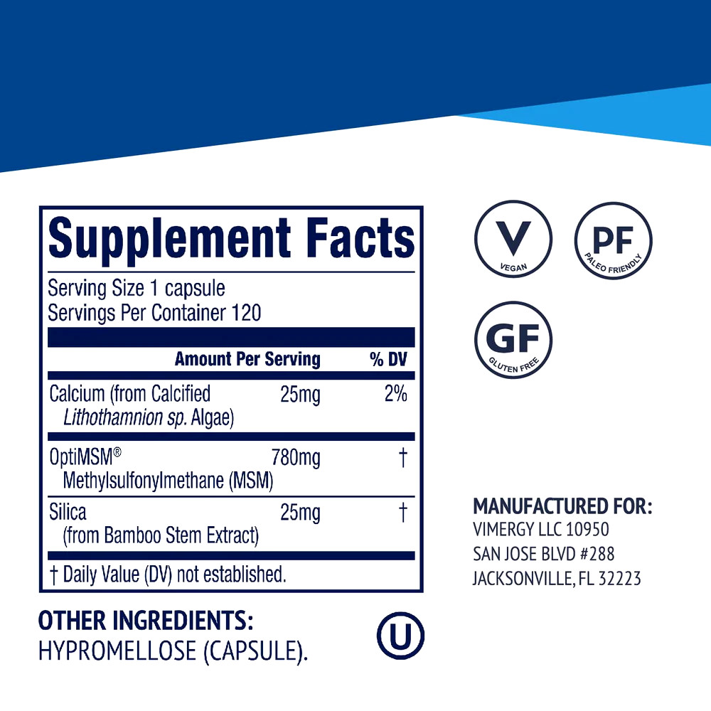 Vimergy MSM with Silica and Calcium Label Vimergy MSM with Silica and Calcium 120 capsules Supplements Label