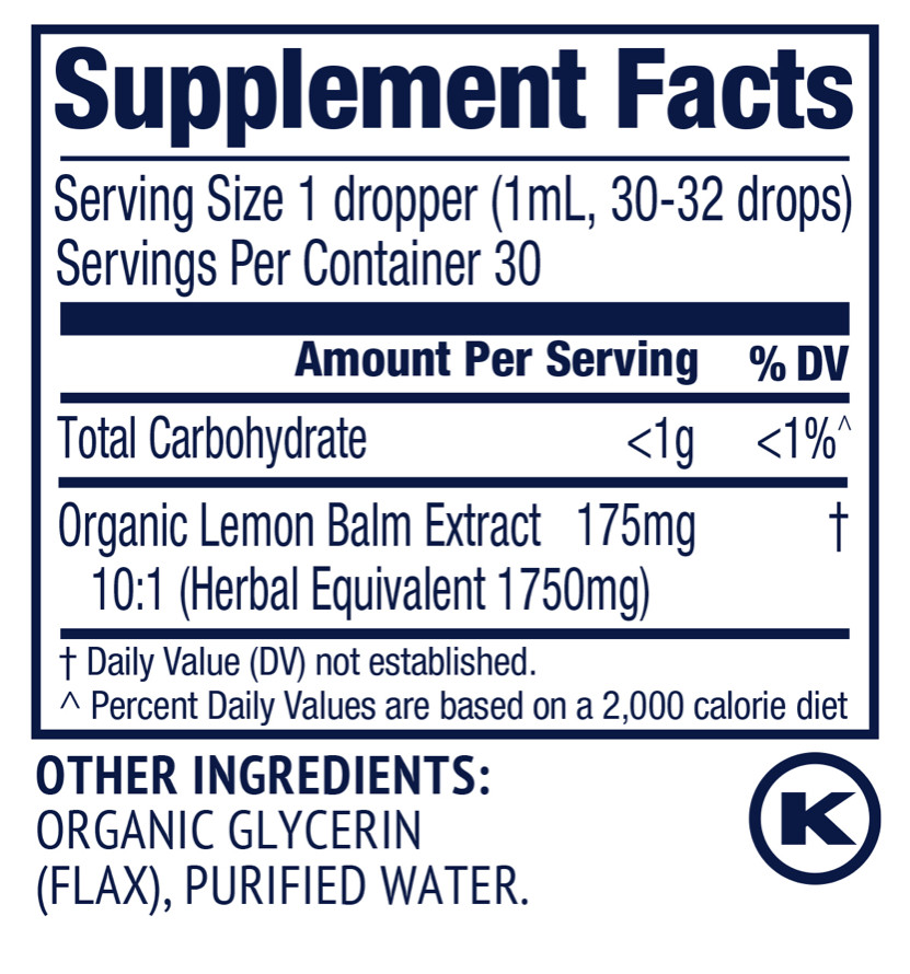 Vimergy Organic Lemon Balm 30ml Supplements Label